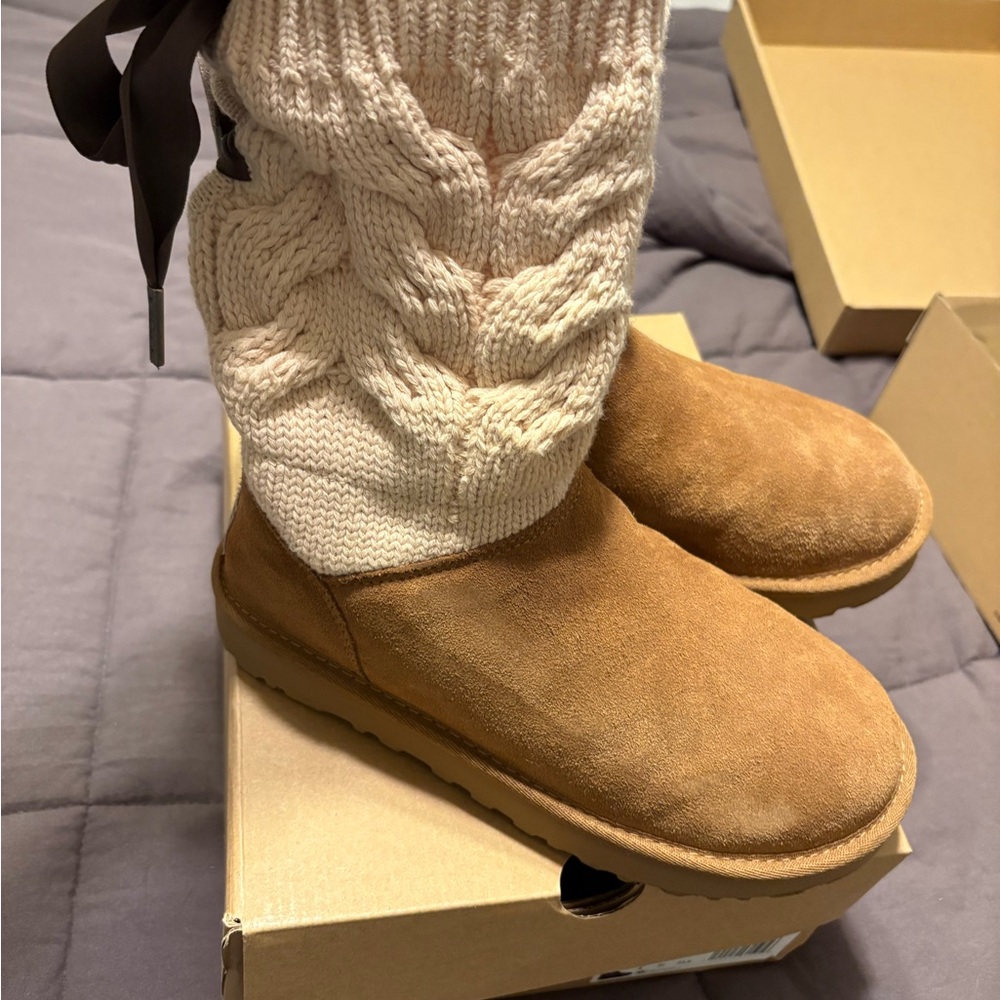 UGG Tan Boots with Cream Knit Cuffs
